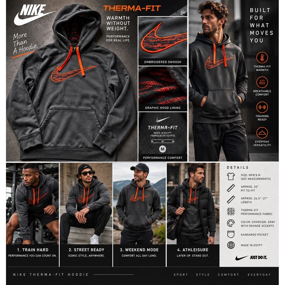 Nike Therma-FIT Hoodie Mens Medium Gray Orange Big Swoosh Pullover Performance